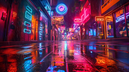 Neon signs and lights reflecting on wet street in urban city setting. Neon Cyberpunk Alley. Illustration