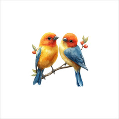 Watercolor lovebirds couple on a branch illustration. love Birds and heart watercolor vector.

