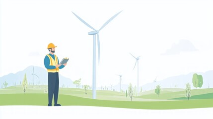 Obraz premium Wind Energy Technician Inspecting Wind Turbines in a Green Landscape