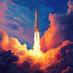 Rocket launch in vibrant pop art style glowing at sunset picture