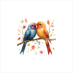 Watercolor lovebirds couple on a branch illustration. love Birds and heart watercolor vector.
