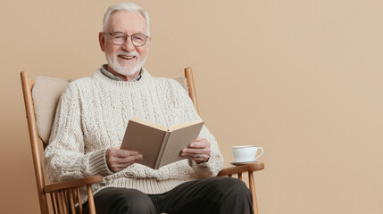 Senior Man Enjoying a Relaxing Moment: A portrait of a happy elderly man, radiating warmth and contentment as he reads a book in a comfortable rocking chair.