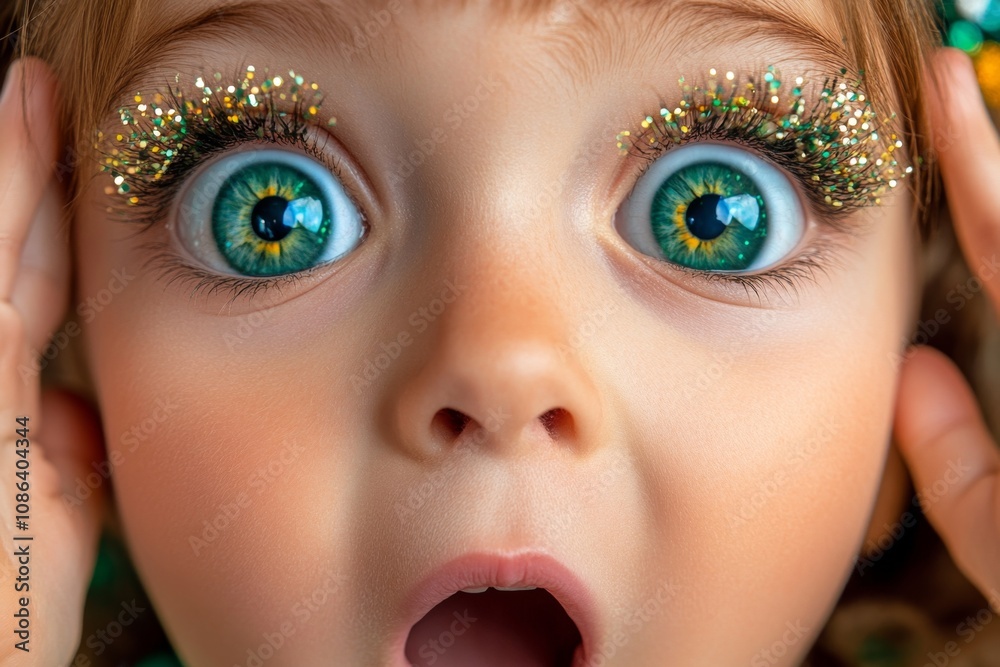 Poster hyper-realistic close-up of a young personâ€™s face with expressive eyes, filled with wonder and exc