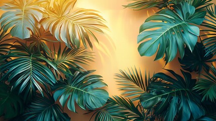 Lush tropical leaves framing a warm, glowing background.