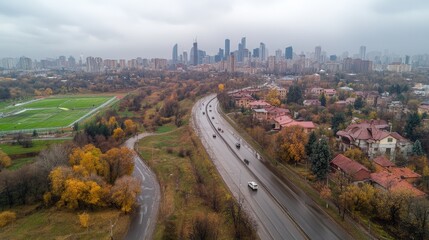 Obraz premium Aerial Cityscape Autumn Road Modern Buildings Park