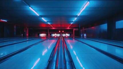 Obraz premium Dramatic Nighttime Bowling Alley with Neon Lights Highlighting Tranquil Lanes and Reflective Surface for an Energetic and Captivating Atmosphere