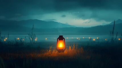 A single glowing lantern drifting upward in a silent night, surrounded by dormant lanterns, casting its soft light onto a vast, quiet landscape