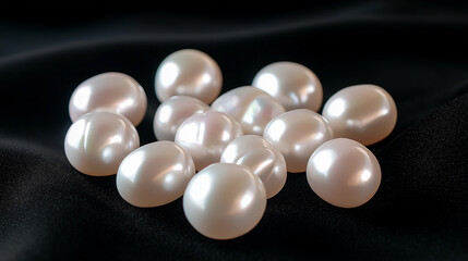 Pile of white pearls resting on black silk fabric