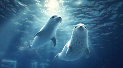 Obraz premium Two seals swimming underwater in the blue ocean