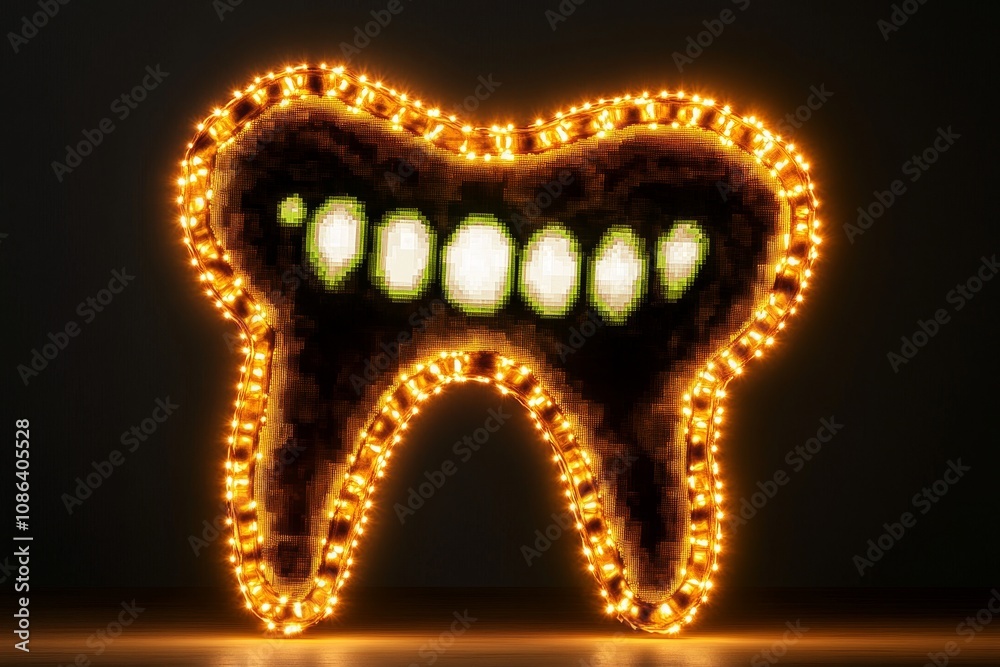 Poster pixel art of a dental x-ray showing a simplified set of teeth in retro 8-bit style