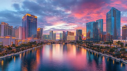 Fototapeta premium A vibrant city skyline at sunset reflected in a calm waterway.