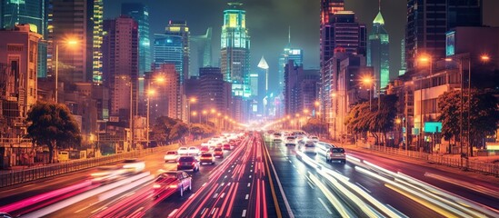 Obraz premium Nighttime cityscape with illuminated skyscrapers and busy traffic.