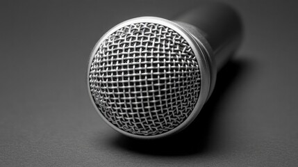 Close-up of a Professional Microphone with Metal Mesh Detail, Capturing the Essentials of Sound Equipment for Music and Audio Recording Projects