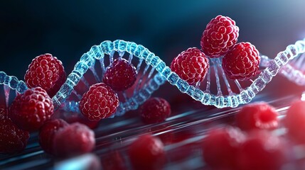 Raspberries with neon DNA helix, highlighting genetic modification