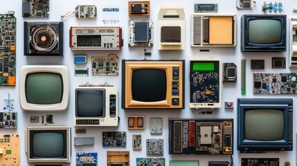 Vintage Electronics Display Featuring Old Monitors, Circuit Boards, and Retro Technology from 20th Century, Showcasing Nostalgic Designs and Aesthetic Appeal