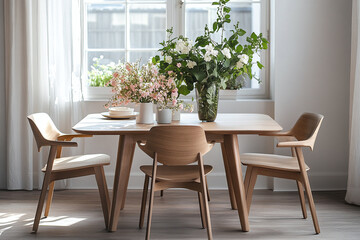Organic form dining set with fresh flowers, best quality wooden furniture.