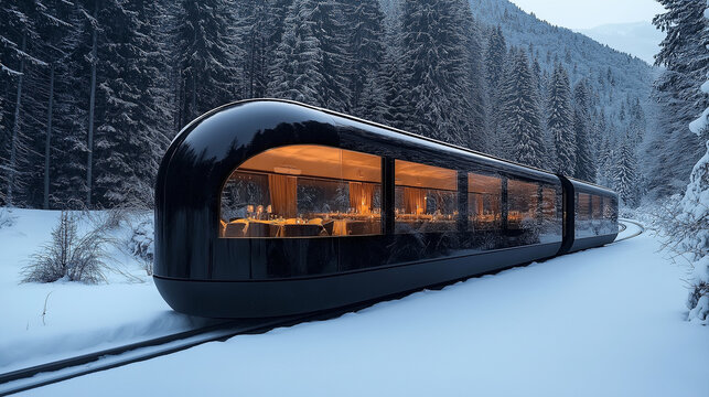 Futuristic restaurant train traveling through snowy forest at dusk