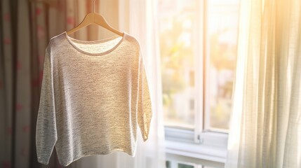 Soft, Light Sweater Hanging on a Wooden Hanger in a Bright, Sunlit Room with Soft Drapes and a Calm, Serene Atmosphere