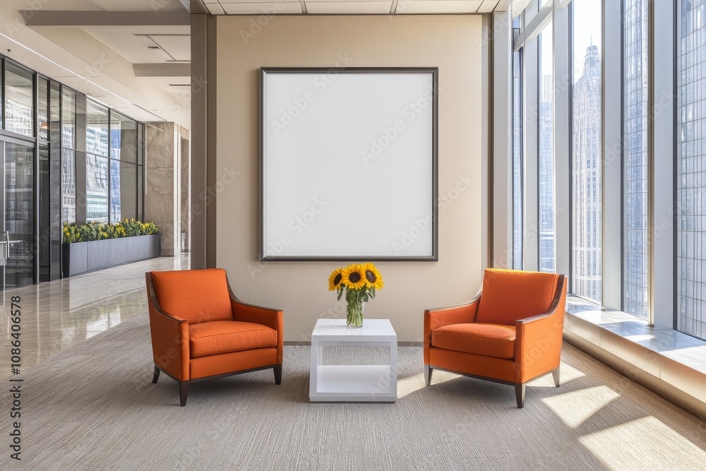 Poster two orange armchairs sit in front of a large blank framed canvas in a modern office lobby with natur