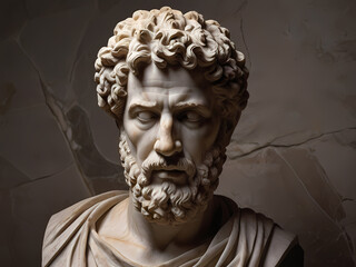 A stoic bust of Marcus Aurelius, sculpted from weathered marble with cracks and veins that hint at the passage of time, bathed in dramatic chiaroscuro lighting that accentuates