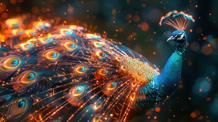 Majestic peacock with vibrant, fiery plumage against a bokeh background.
