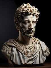 A stoic bust of Marcus Aurelius, sculpted from weathered marble with cracks and veins that hint at the passage of time, bathed in dramatic chiaroscuro lighting that accentuates