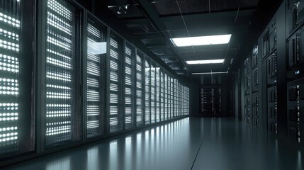 Futuristic Data Center Interior with Bright LED Lights and Sleek Server Racks in a Dark Environment Emphasizing Technology and Connectivity