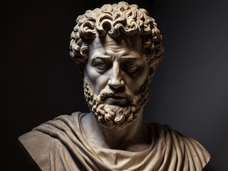 A stoic bust of Marcus Aurelius, sculpted from weathered marble with cracks and veins that hint at the passage of time, bathed in dramatic chiaroscuro lighting that accentuates