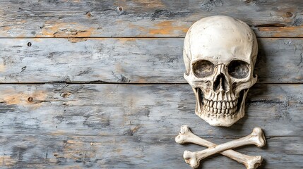 Skull and Crossbones on Rustic Wooden Background