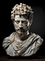 A stoic bust of Marcus Aurelius, sculpted from weathered marble with cracks and veins that hint at the passage of time, bathed in dramatic chiaroscuro lighting that accentuates
