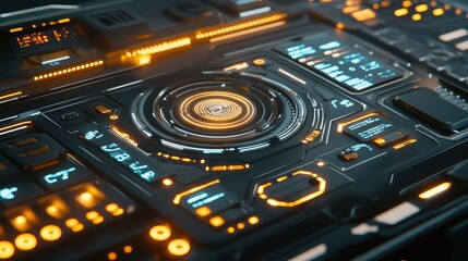 Fototapeta premium Futuristic User Interface Design Featuring Bright Orange Accents and High-Tech Elements for Digital Innovations and Modern Technology Concepts