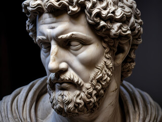 A stoic bust of Marcus Aurelius, sculpted from weathered marble with cracks and veins that hint at the passage of time, bathed in dramatic chiaroscuro lighting that accentuates