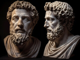 Obraz premium A stoic bust of Marcus Aurelius, sculpted from weathered marble with cracks and veins that hint at the passage of time, bathed in dramatic chiaroscuro lighting that accentuates