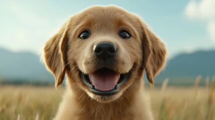 Obraz premium Happy Golden Retriever Puppy in Wildflower Field