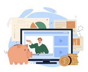 Online business course. Man on computer screen near piggy bank and coins. Education, training and learning, courses on internet. Flat vector illustration isolated on white background