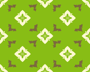 Floral pattern design featuring green background, white flowers, and brown accents. This vibrant and cheerful design is perfect for textiles and home decor