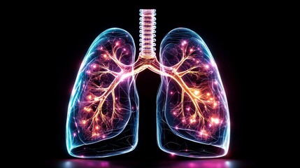 High-tech holographic x-ray of human lungs, intricate digital details with neon accents, transparent 3D effect, layered cyber interface