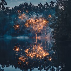 Obraz premium Fireworks Display Over a Tranquil Lake