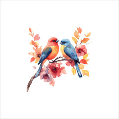 Watercolor lovebirds couple on a branch illustration. love Birds and heart watercolor vector.
