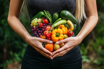 A woman holds her hands in a heart shape around fresh fruits and vegetables promoting gut health and nutrition outdoors in the sunlight © InfiniteStudio