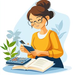 Financial Planning in Minimal 2D Style - Person Managing Personal Budget with Calculator and Notebook on White Background with Copy Space