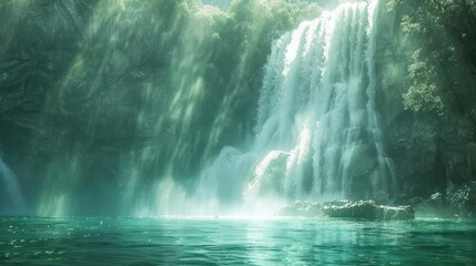 Sunlit waterfall cascading into a tranquil turquoise pool, surrounded by lush green cliffs.
