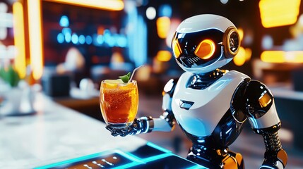 Futuristic robot bartender serving a colorful cocktail in a lively bar setting with neon lights and modern decor, showcasing advanced technology and hospitality in a vibrant atmosphere.