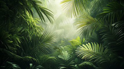 Lush green tropical jungle with sunlight filtering through