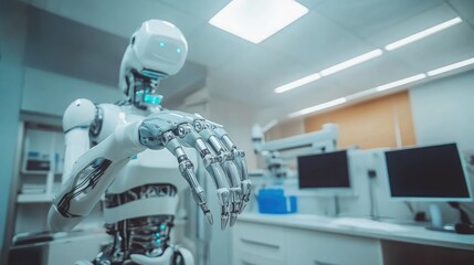 Futuristic robotic hand in a modern laboratory setting showcasing advanced technology, artificial intelligence, and innovative design in a high-tech environment