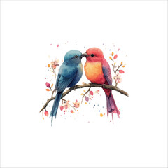 Watercolor lovebirds couple on a branch illustration. love Birds and heart watercolor vector.
