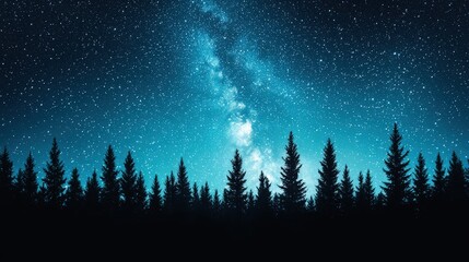 Naklejka premium Majestic Night Sky Milky Way Galaxy over Silhouetted Pine Forest