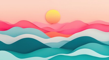 Serene Sunset Landscape Abstract Paper Cut Hills Colorful Waves Peaceful Nature Scene
