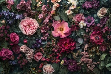 Obraz premium Floral background with pink, purple, and red flowers.