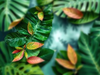 Exotic tropical leaves scattered on a blurred abstract background with shades of green and blue, vegetation, environment